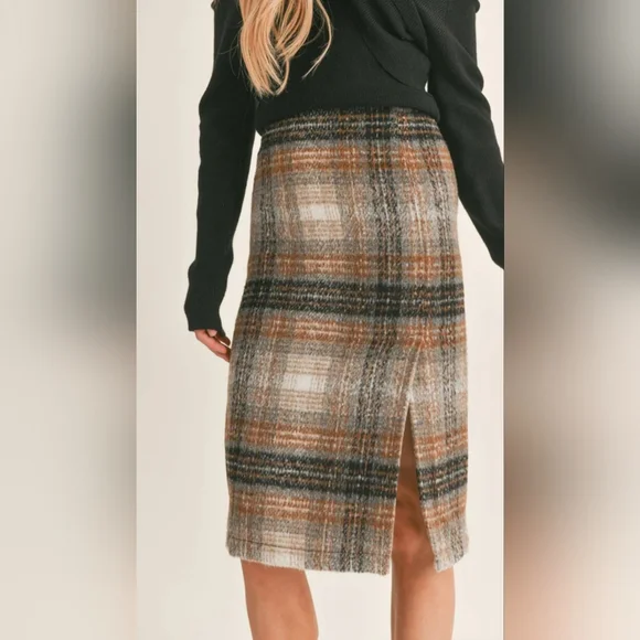 Sage The Label Checkered Plaid Pencil Skirt - Black, Cream & Tan With Slit - Picture 3 of 9